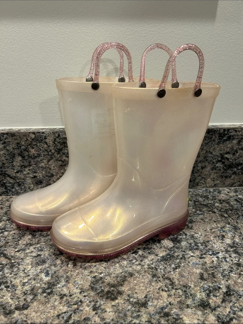 Western Chief Pearl Rain Boots with Pink Glitter Handles- 12